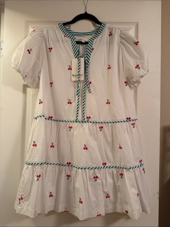 &merci Dresses & Skirts - &moreci White Cotton Cherry-Embroidered Tiered Dress with Green Trim